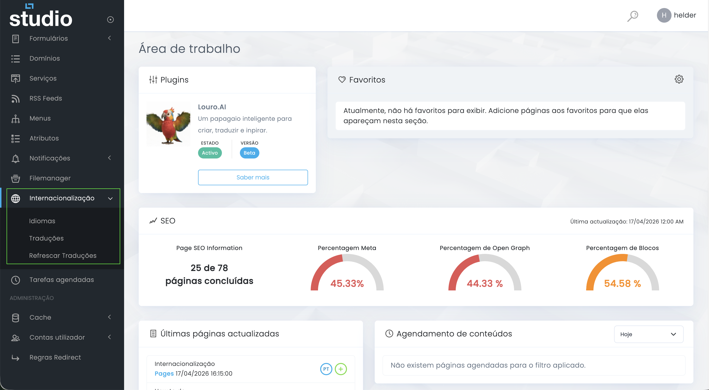Secção Internacionalização no menu lateral do Studio CMS